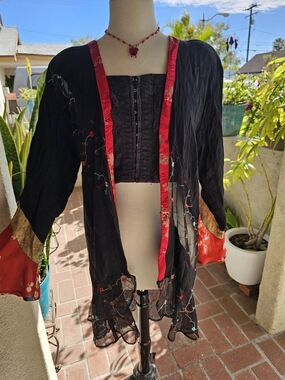 Black Sheer Embroidered Kimono with Red Trim